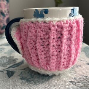 Pink and White Knitted Mug Cozy